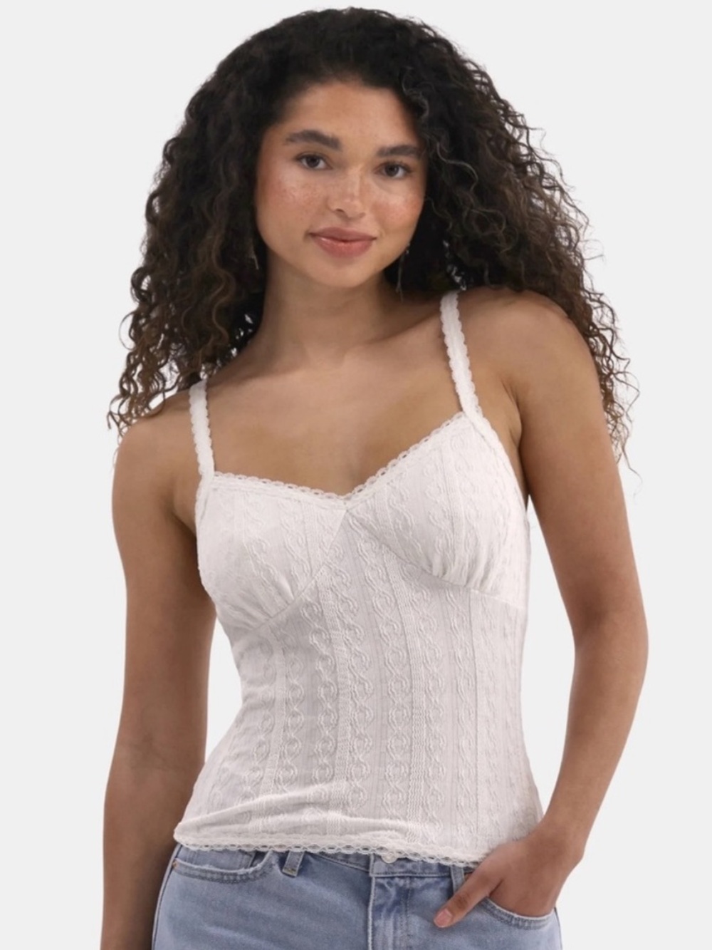 No Boundaries White Lace-Trim Cable Knit Camisole